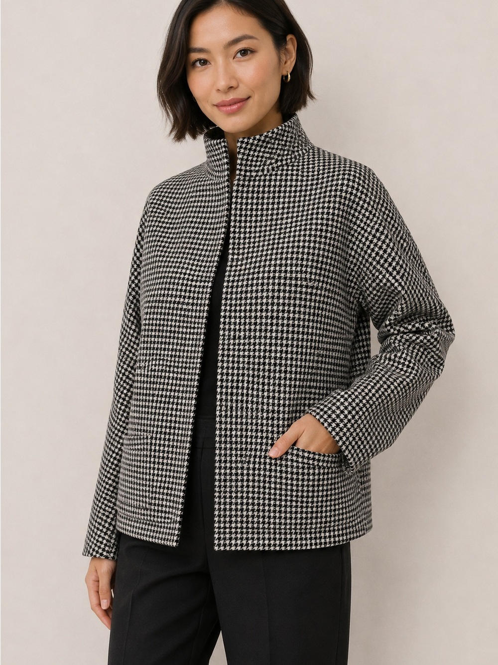 Ralph Lauren Black & White Houndstooth Stand-Collar Peacoat
